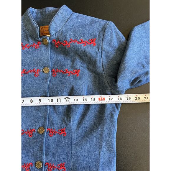 Sharon Young Denim Jacket Medium Blue Red Military Crop Ranch Western Y2K Vtg US - Picture 7 of 10